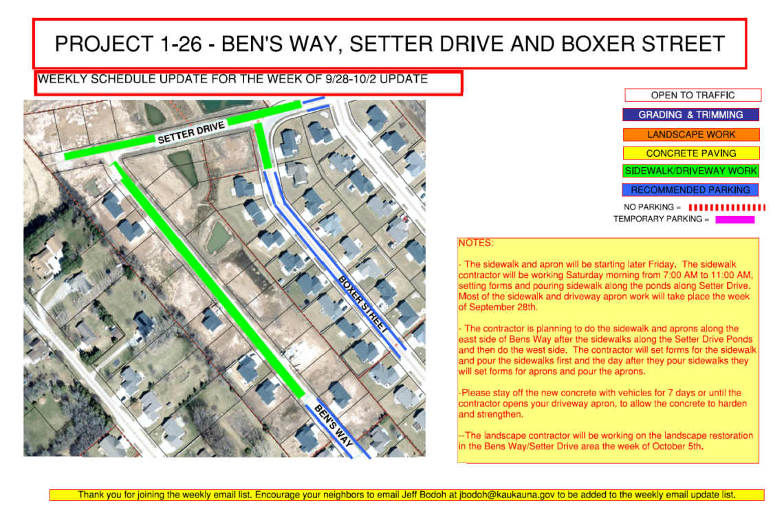 Map showing sidewalk/driveway work along setter drive and a portion of boxer Street and Ben's way