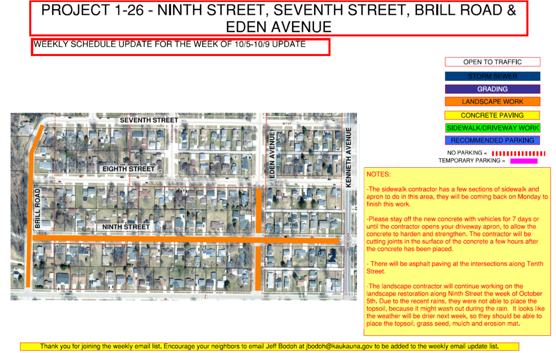 Map showing landscaping work being done along Brill Road, Ninth Street, and a portion of Eden Avenue from Eighth Street to Tenth Street.