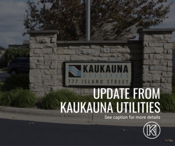 Graphic with a sign for Kaukauna Utilities in the background. Text reads 